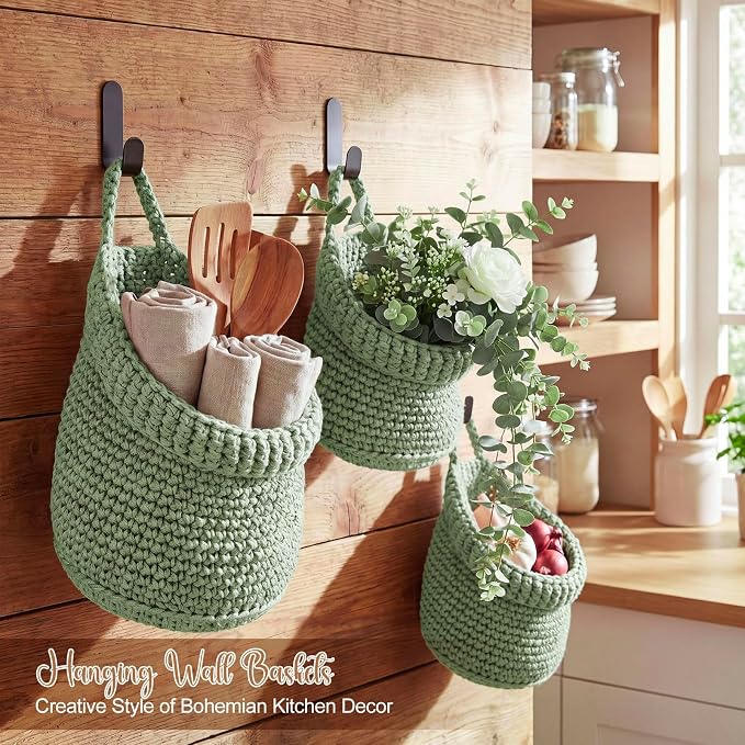 Honeydak Boho Decor Hanging Wall Baskets for Kitchen 3 Pack Teardrop Baskets with Hooks Storage Fruit Onion Vegetable Potato for Home 3 Sizes (Sage Green,Barrel,Cotton Rope) - Image 4