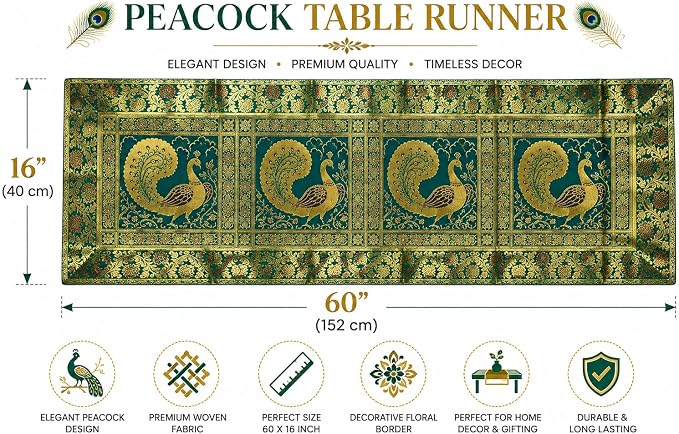 Peacock Design Silk Table Runner 60 x 16 Inch, Green and Gold Decorative Table Cloth, Vintage Floral Dining Table Runner for Kitchen, Coffee Table and Home Decor - Image 3