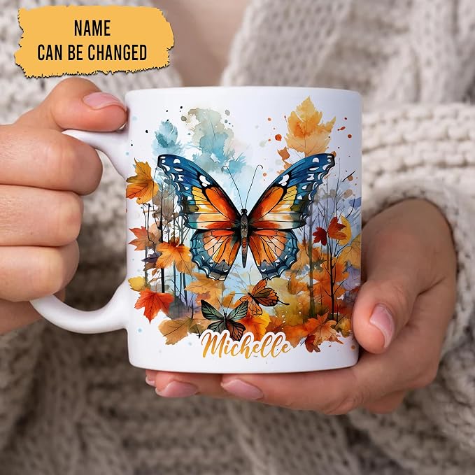 Hyturtle Personalized Fall Butterfly Maple Leaves Coffee Mug, Autumn Décor | Birthday Gifts For Butterfly Lovers - Gift Ideas For Farmhouse Thanksgiving - Custom Name 11oz White Ceramic Coffee Tea Mug - Image 2