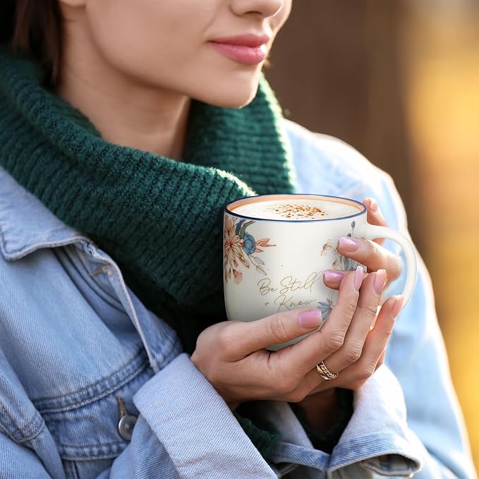Christian Art Gifts Large Inspirational Ceramic Coffee & Tea Mug for Women: Be Still & Know Encouraging Bible Verse Psalm, Cute Novelty Non-toxic Sturdy Beverage Cup, White/Pink/Blue Floral, 14 oz. - Image 4