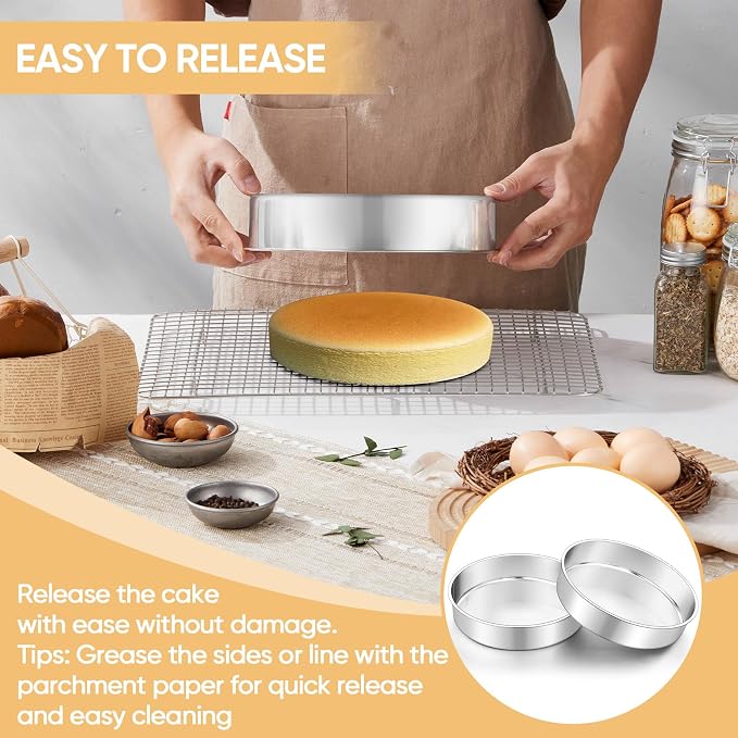 TeamFar 9 Inch Cake Pan Set of 2, Stainless Steel Round Cake Baking Pan | Layer Baking Tin for Birthday Wedding, Non-Toxic & Heavy-Duty, Mirror Finish & Leak Proof, Oven & Dishwasher Safe - Image 4