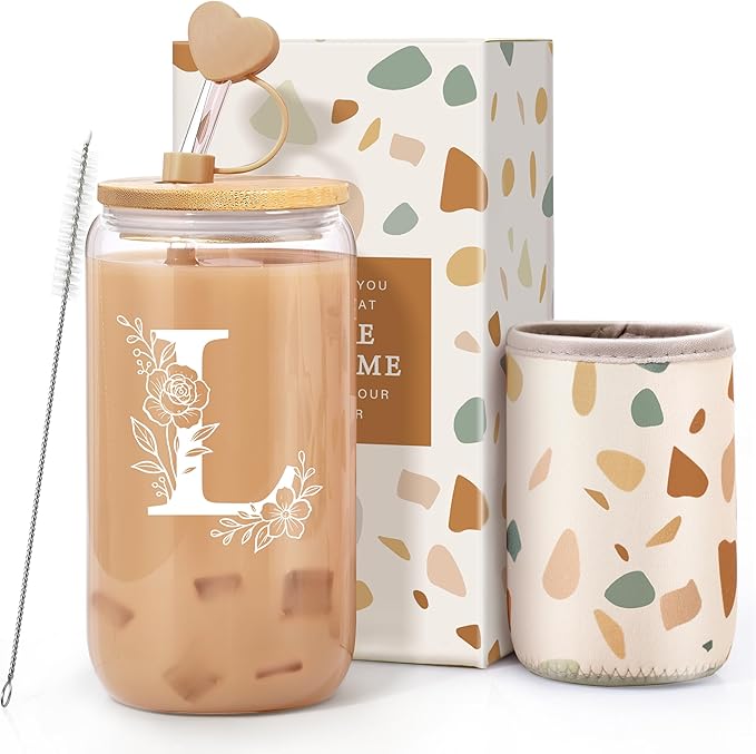 Personalized Gifts for Women, Monogrammed Gifts for Women, Initial 16 oz Glass Cups With Lids and Straws, Customized Mug, Personalized Birthday Gifts Christmas Gifts for Her Mom Friend Woman, L