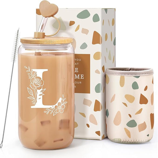 Personalized Gifts for Women, Monogrammed Gifts for Women, Initial 16 oz Glass Cups With Lids and Straws, Customized Mug, Personalized Birthday Gifts Christmas Gifts for Her Mom Friend Woman, L