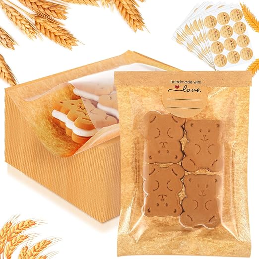 Outus 50 Pcs Cookie Packaging Bags with Seal, 4 x 6 Inch Bakery Pastry Bags with Window, Heat Sealable Grease Resistant Paper to Go Bake Sleeves for Gift Giving Donut Bread Sandwich (Brown) by Outus