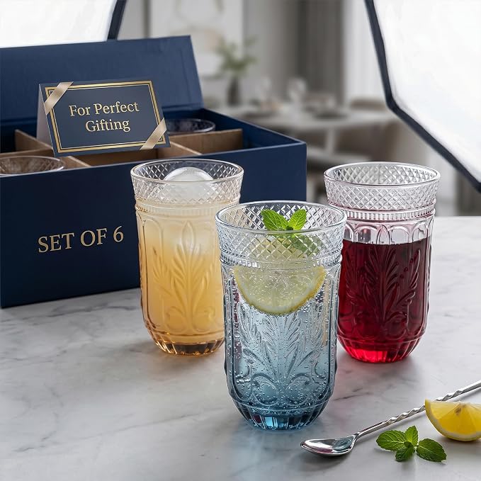 13 OZ 6 Pack Vintage Drinking Glasses Set, Colorful Textured Glass Water Tumblers Cups -Embossed Striped Glassware for Water, Cocktails, Juice, Iced Coffee, Beer(Sweet flag style) - Image 4