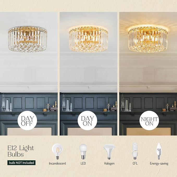 12.6" Gold K9 Crystal Raindrop Flush Mount Ceiling Light, Modern Chandelier, Round Luxury Light Fixture for Dining Room, Bedroom, Hallway, Kitchen Island & Living Room - Image 6
