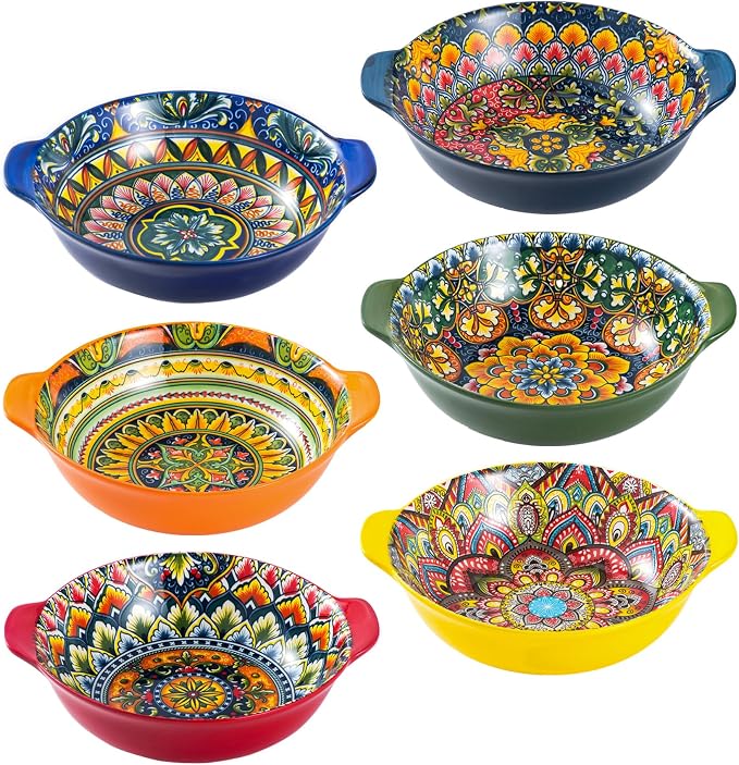 Henten Home Ceramic Soup Bowls Set, 14 oz Cereal Bowl Set of 6, Small Dessert Bowls with Handle, Boho Serving Bowls Set for Kitchen, Snack, Salad, Microwave & Dishwasher Safe by HentenHome