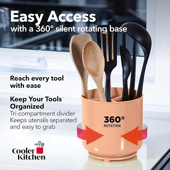 Cooler Kitchen Jumbo Rotating XL Peach Plastic Utensil Holder Caddy with Sturdy No-Tip Weighted Base, Removable Divider, and Gripped Insert - Dishwasher Safe Kitchen Utensil Holder for Countertop - Image 2