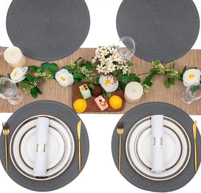 SHACOS Round Placemats Set of 6 Washable 15 inch Round Table Mats Cotton Polyester Woven Braided Place Mats for Dining Table (Charcoal Gray, 6) - Image 5