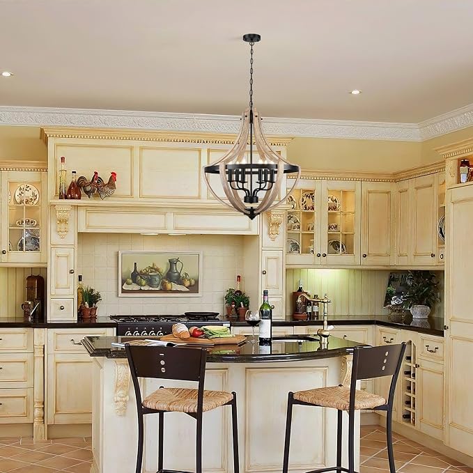 6-Light Large Rustic Farmhouse Dining Room Chandeliers, Adjustable Height Entryway Light Fixture, Hanging Wood Chandelier for Kitchen Island Foyer Stairwell Office - Image 3
