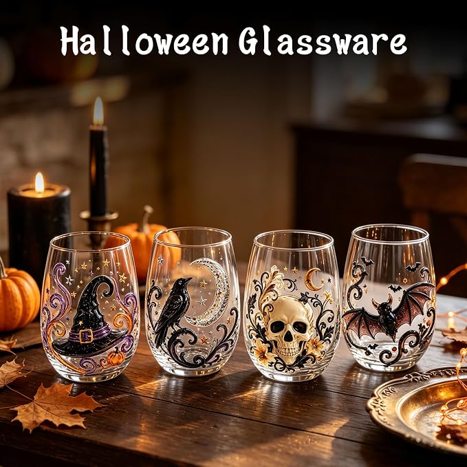 3D Halloween Autumn Glass Art Cup,Stemless Holiday Glassware Collection | Fantasy Fall Witch Wine Glasses,Holiday Printed Table Ornaments,Magical Halloween Home Decor Gifts for Various Beverages - Image 5