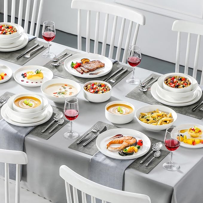 MALACASA 24 Pcs Porcelain Plates and Bowls Sets,Dinnerware Set for 6,White | Modern Ceramic Dishware,Kitchen Dining Ware,Microwave and Dishwasher Safe,Simple Solid White Design,Series LUNA - Image 5