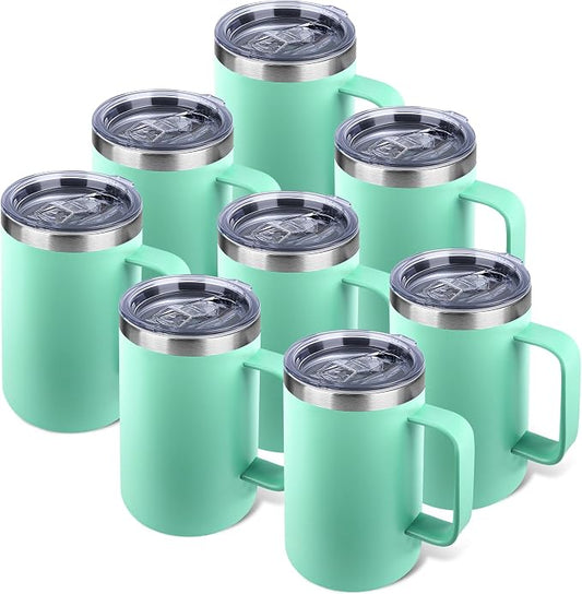 22oz Insulated Coffee Mug with Handle & Leak-Proof Lid - Double Wall Stainless Steel Travel Tumbler Bulk for Commute/Office/Home, Mint Green, 8 Pack by Unknown