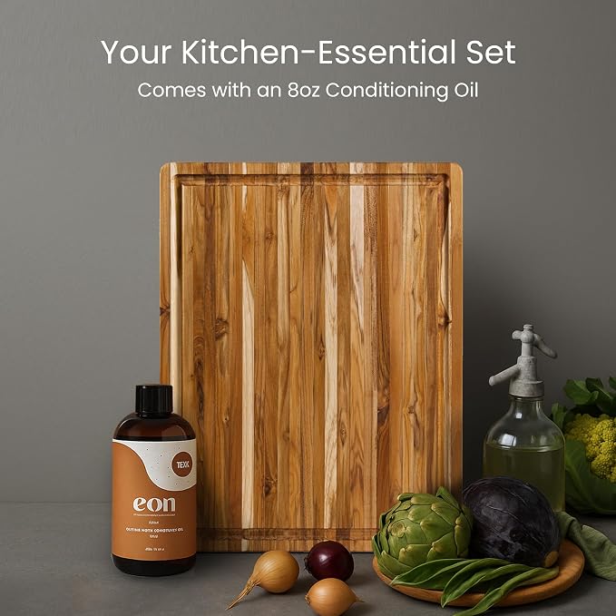 Teakhaus Carving Board and EON Cutting Board Oil Set - Small (S) Teak Wood Cutting Board with Juice Groovel & Food-Grade Mineral Oil - 16”L x 12”W x 1.5” Thick - FSC Certified - Image 2