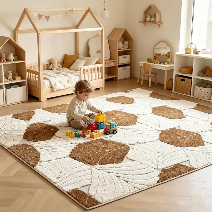 Washable Area Rug 4'x6' for Kids Room Living Room Bedroom, Leaves | Soft Cozy Fluffy Mid Pile Machine Washable Non Slip Modern Jacquard Boho Accent Area Carpet for Nursery Kids Room Hotel by Ukeler