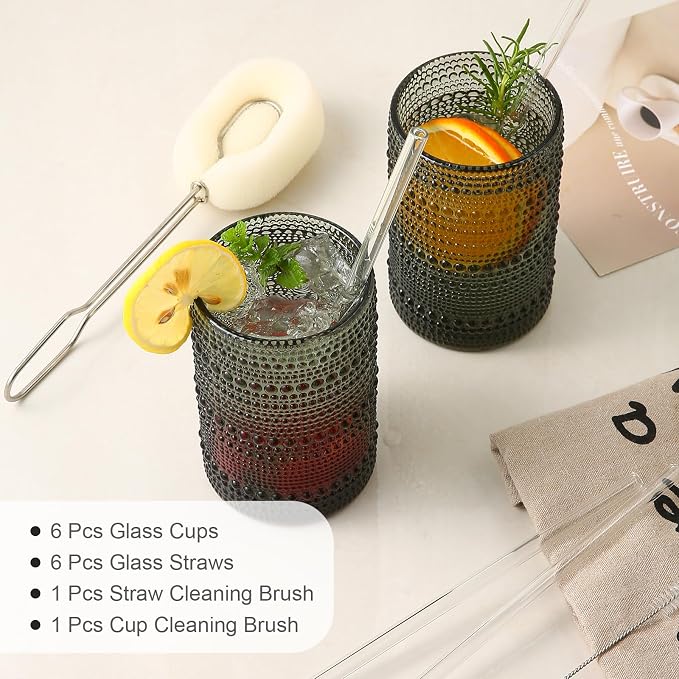 ZMOWIPDL Drinking Glasses Set of 6,15 oz Grey Hobnail Glass Cups | Vintage Glassware，Embossed Water Tumbler,for Beer,Cocktail,Whiskey,Juice and Various Mixed Drinks- 1 Cleaning Brush - Image 5