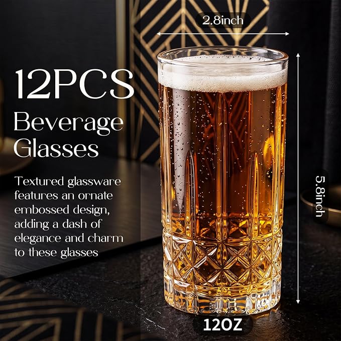 Uiifan Set of 12 Tall Highball Glasses 12 oz Crystal Drinking Glasses Clear Fancy Cups Vintage Textured Designer Glassware for Cocktail Tea Water Beer Soda Beverages, Dishwasher Safe (Diamond Pattern) - Image 2