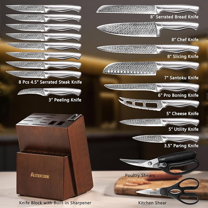 Knife Set, Astercook 21 Pieces Kitchen Knife Set with Built-in Sharpener, German Stainless Steel Knife Block Set, Razor-Sharp Knives with Full-tang Handle, Dishwasher Safe Kitchen Utensils Set - Image 3