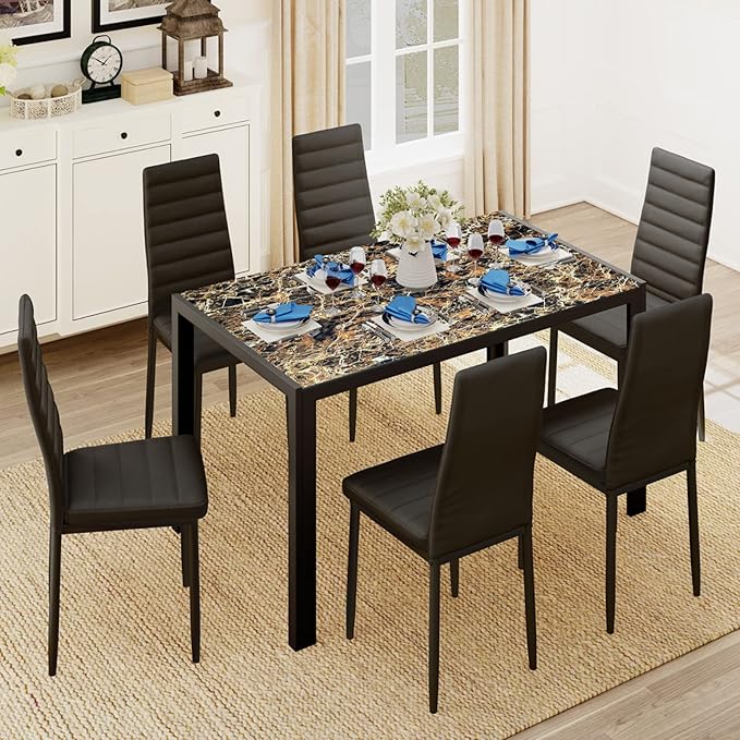 Gizoon Marble 7 Piece Glass Dining Table Set, Kitchen Table and Chairs Set | PU Leather Modern Dining Room Furniture,Dining Table Sets,Space Saving Table and Chairs Set for Home, Kitchen, Living Room by Gizoon
