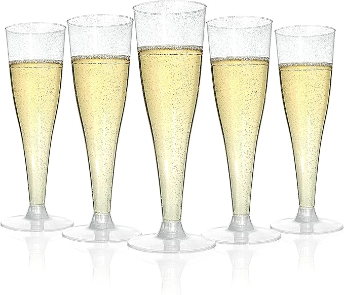 Bestluck 50Pack 4.5oz Silver Glitter Champagne Flutes Plastic | Plastic Disposable Stemware, Disposable Champagne Flutes for Party, Mimosa Bar, Wedding, Anniversary and Graduation by Bestluck