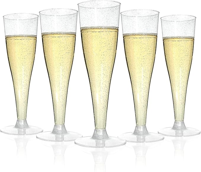 Bestluck 100Pack 4.5oz Champagne Flute Plastic,Silver Glitter Champagne Cup | Plastic Disposable Stemware,Disposable Champagne Flutes for Party, Mimosa Bar, Wedding, Anniversary and Graduation by Bestluck