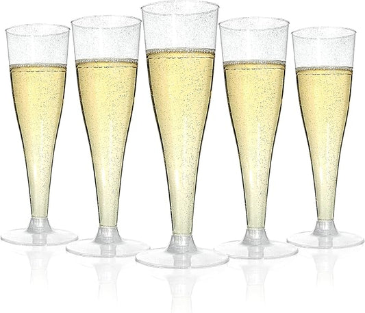 Bestluck 100Pack 4.5oz Champagne Flute Plastic,Silver Glitter Champagne Cup | Plastic Disposable Stemware,Disposable Champagne Flutes for Party, Mimosa Bar, Wedding, Anniversary and Graduation by Bestluck