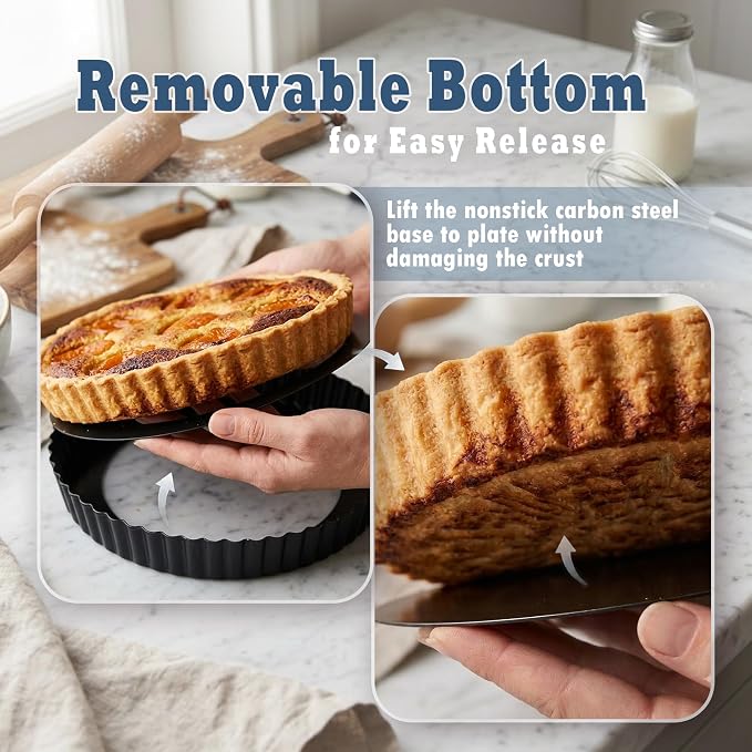 2 Pack 9 Inch Tart Pan,Removable Bottom,Nonstick Carbon Steel Quiche Pan | Heavy Duty Fluted Pie Pan,Quiche Baking Dish,Pie Mold/Tart Molds for Baking Fruit Tarts,Pies & Quiches, PFOA & PTFE-Free - Image 2