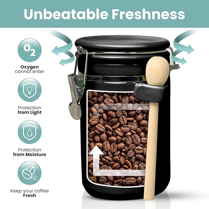 Home Intuition 4-Piece Ceramic Kitchen Canisters Set, Airtight Containers with Wooden Spoons Reusable Chalk Labels and Marker for Sugar, Coffee, Flour, Tea (Black) - Image 4