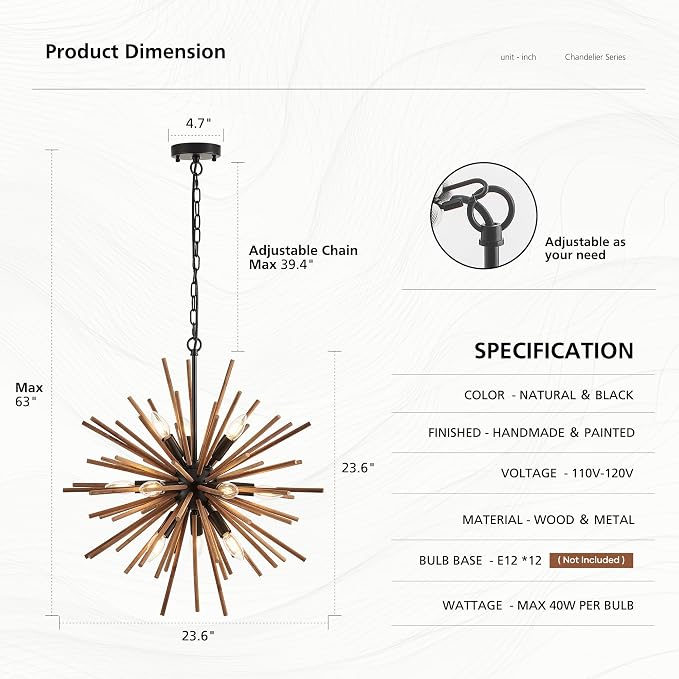 23.6" Farmhouse Sputnik Chandelier for Dining Room Rustic Handmade Natural Wood 12-Light Hanging Ceiling Pendant Light Fixture Starburst Wood Chandeliers for Kitchen Bedroom Foyer Hallway - Image 2