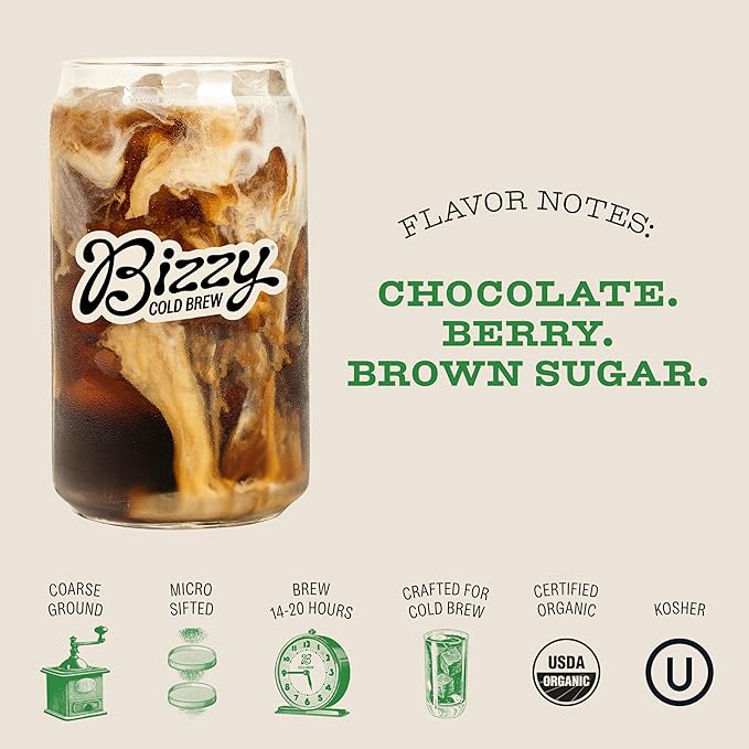 Bizzy Organic Cold Brew Coffee | Espresso Blend | Coarse Ground Coffee | Medium-Dark Roast | Micro Sifted | Specialty Grade | 100% Arabica | 1 LB (Pack of 2)