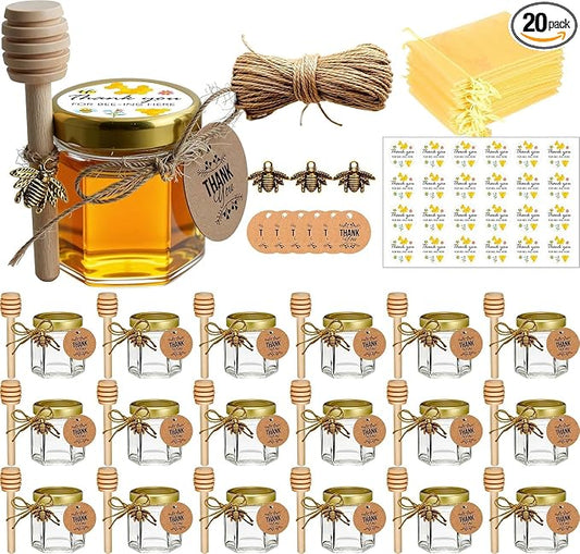 Adabocute Mini Honey Jars - Hexagon Little Glass Honey Jar with Gold Lids, Wooden Dippers, Bee Charms and Jutes - Small Honey Jars for Baby Showers, 20Pack by Adabocute