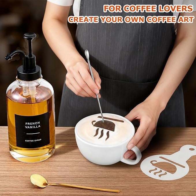 Coffee Syrup Dispenser for Coffee Bar, Glass Syrup Dispenser with Pump, Coffee Syrup Pump Dispenser Bottle with Tray, Spoon for Coffee Station, Coffee Bar Organizer, Black,16.9 oz, 500 ml