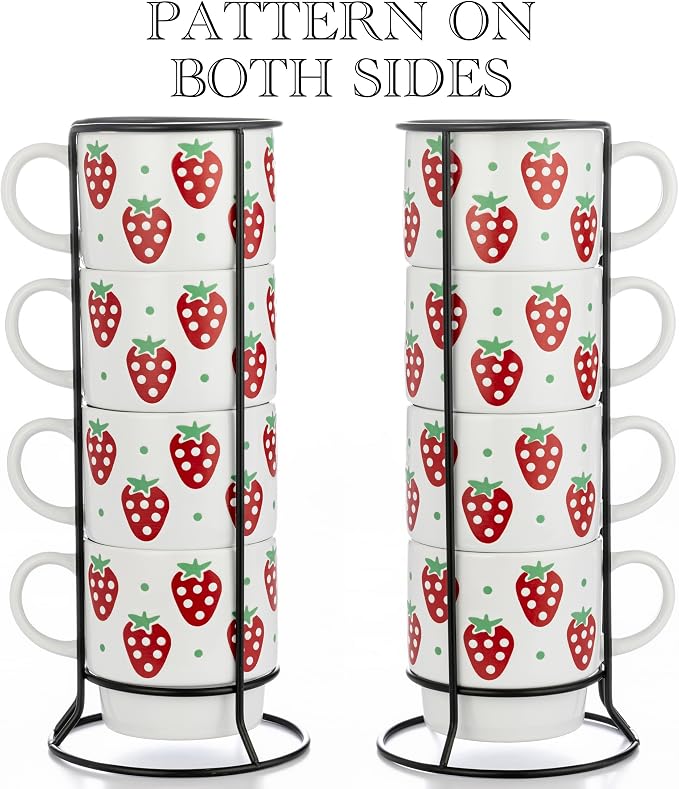 Signature Housewares Stackable Coffee Mug Tower Set with Metal Wire Rack - 15 Ounce Coffee Mugs for Coffee, Tea, Cocoa, Milk, Cappuccino, Hot Chocolate Set of 4 - Strawberry Pattern - Image 3