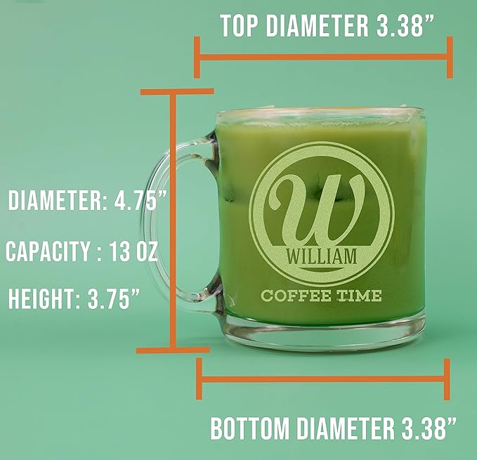 Personalized Etched Monogram 12oz Glass Coffee Mug, Bratton, Customized gifts for Her Him, Unique Monogrammed Cup Initial