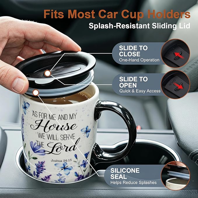 Topadorn 17oz Ceramic Travel Mug with Lid, Christian Floral Coffee Mug | Christian Coffee Mug with Handle, Joshua 24:15 Floral Design, Splash-Resistant Lid, Microwave & Dishwasher Safe, Gift Box - Image 5