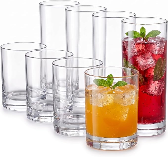 Meolibour® Acrylic Drinking Glasses Set of 8, 14oz Rocks & 20oz Water Cups, Unbreakable Plastic Drinkware, Clear Kitchen Tumblers for Home Outdoors, Reusable, BPA-Free, Top-Rack Dishwasher Safe by Unknown