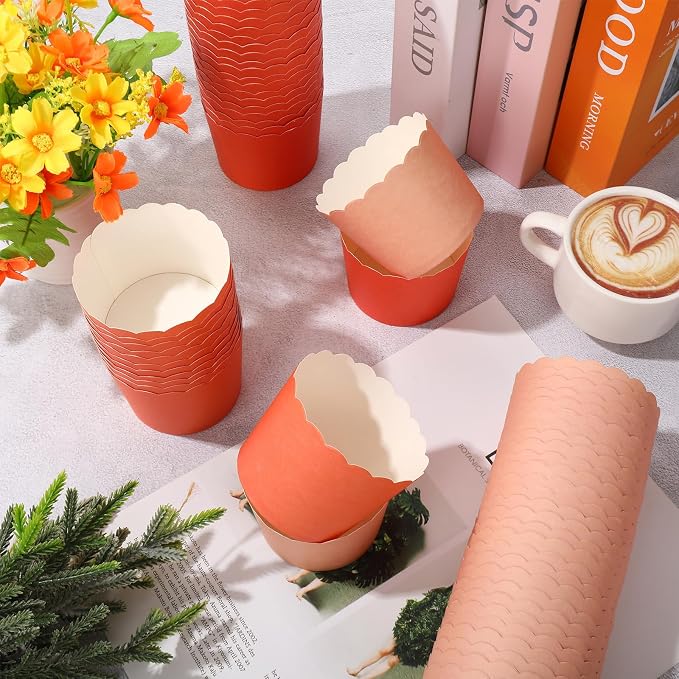 Whaline 120 Pcs Fall Orange Paper Baking Cups Scalloped Edge Cupcake Wrappers Gradient Orange Cupcake Muffin Cases for AutumnThanksgiving Party, 3 Colors - Image 3