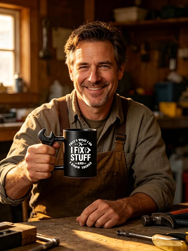 LOZACHE Funny Dad Coffee Mug with Wrench Handle – “That’s What I Do, I Fix Stuff And I Know” Mug for Men, Unique Father’s Day Birthday Graduation Gift for Him Dad Grandpa Husband Mechanic - Image 7