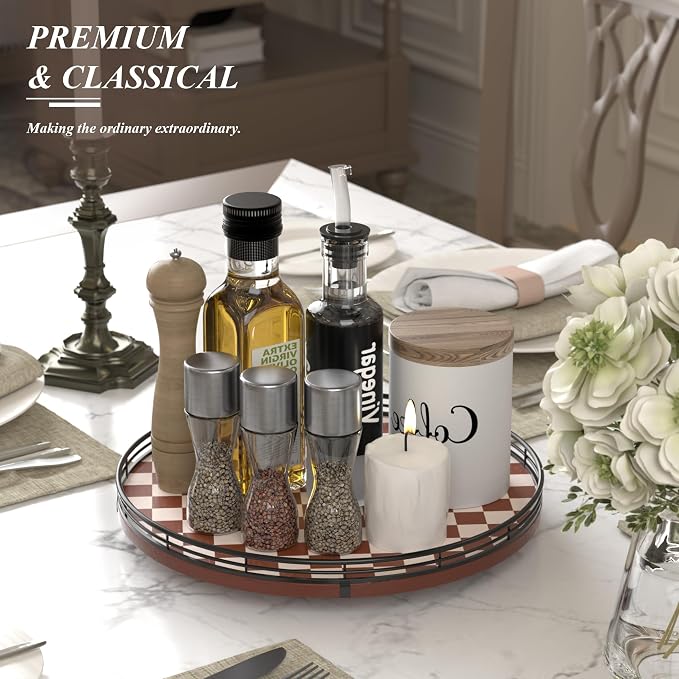 AMH 13-Inch Brown White Checkerboard Lazy Susan with Black Metal Rail | Smooth rotating oak tray with walnut finish for dining tables, kitchen counters, pantries and cabinet storage. - Image 4
