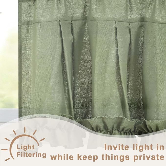 Likiyol Linen Valances for Windows Farmhouse Ruffle Swag Valance Rustic Country Window Valances Light Filtering Kitchen Curtains Rod Pocket Valance Curtains for Bathroom Cafe, Green, 60" W x 36" L - Image 4
