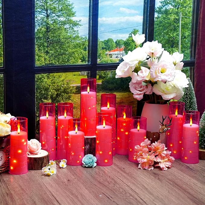 Flameless Candles,with Embedded Star String, Battery Operated Candles Flickering LED Pillar Candles with Remote Control and Timer, Home Decoration Add a Warm and Romantic Atmosphere，Set of 7 (Pink) - Image 4