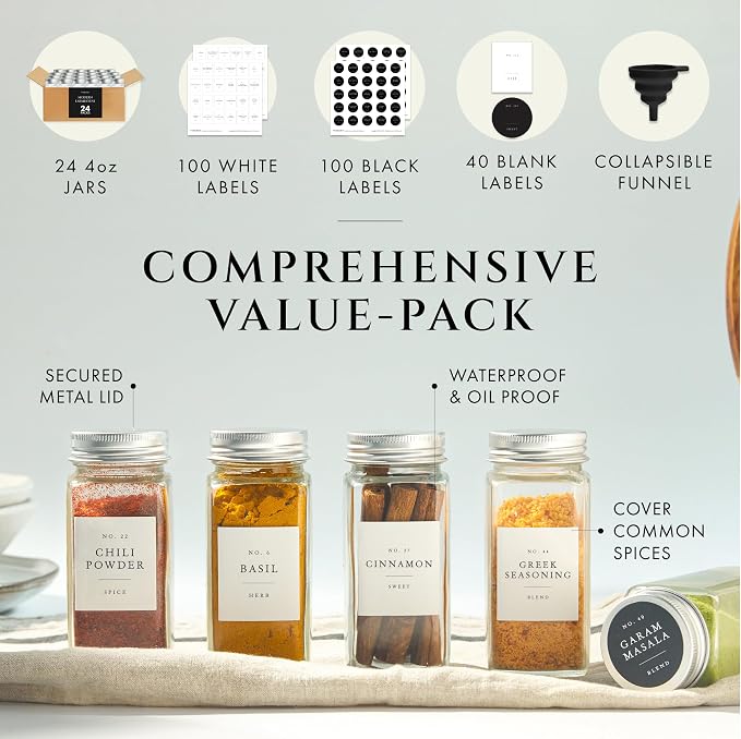 FINESSY Thick Glass Spice Jars With Labels, Airtight Metal Lids 4oz 24 Pack | Empty Spice Jars With Sift / Pour Shaker Inserts, Airtight Lids, Waterproof Labels (200 Pre-Printed, 40 Blank) And Funnel - Image 4