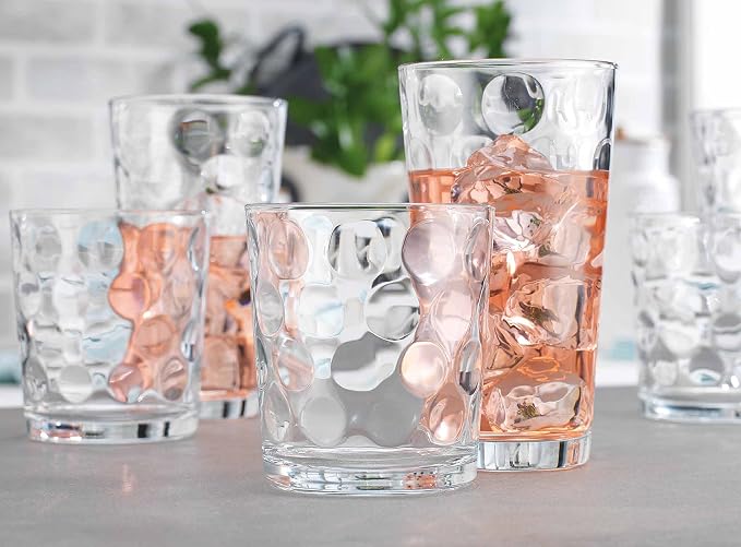 Home Essentials Drinking Glasses Set of 16, 8 Highball Glasses -17 oz., 8 Rocks Whiskey Glass Cups 13 oz., Inner Circular Lensed Glass Cups. - Image 6