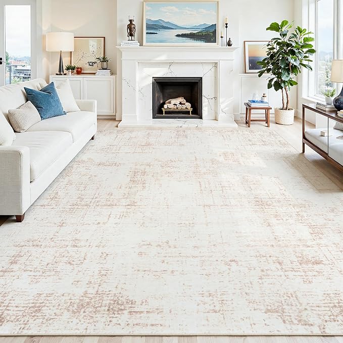 8x10 Washable Area Rug for Living Room Bedroom: Non-Slip Modern Beige White | Machine Washable TPR Backing, Stain-Resistant Low Pile, Pet & Kid Friendly, Abstract Decor for Dining Room, Dorm, Home Office by Oriannal