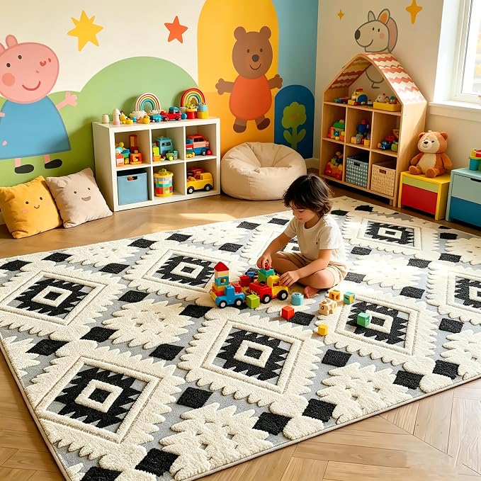 Washable Area Rug 4'x6' for Kids Room Living Room Bedroom, Bohemia | Soft Cozy Fluffy Mid Pile Machine Washable Non Slip Modern Jacquard Boho Accent Area Carpet for Nursery Kids Room Dorm Hotel by Ukeler