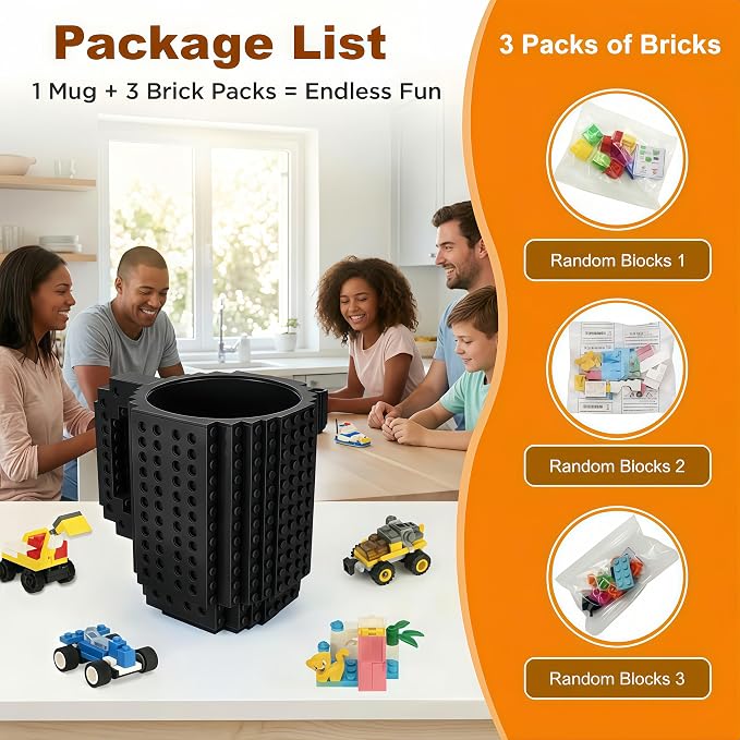 Lumsburry Build-on Brick Coffee Mug, Funny DIY Unique Novelty Drinking Cup | Building Blocks Creative Mug, for Men Women Kids Dad Mom, Present Exchange Ideas, Xmas Birthday White Elephant(Cool Black) - Image 4