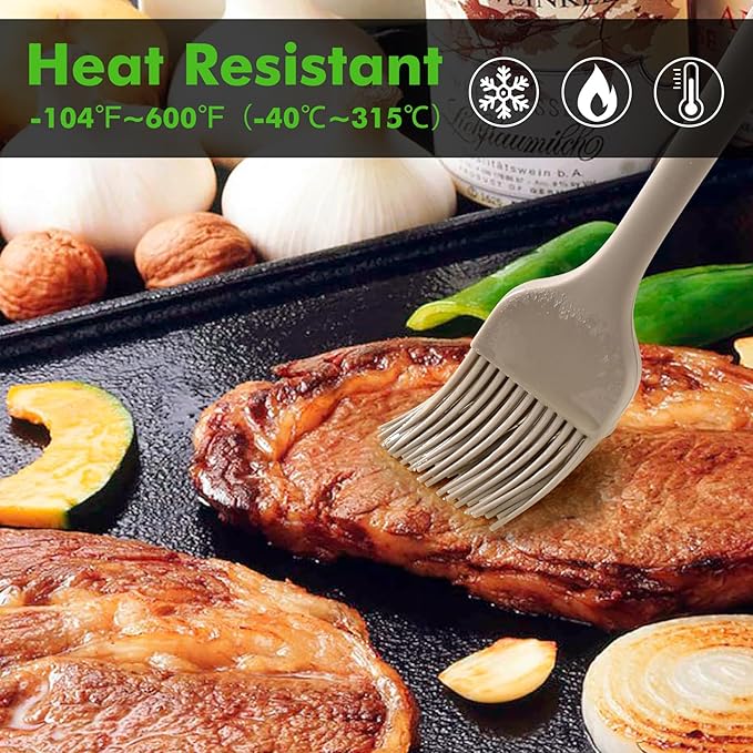 HOTEC Basting Brushes Silicone Heat Resistant Pastry Brushes Spread Oil Butter Sauce Marinades for BBQ Grill Barbecue Baking Kitchen Cooking BPA Free Dishwasher Safe, Khaki Set of 2