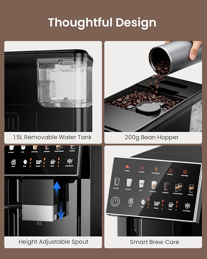 Fully Automatic Espresso Machine with Grinder & Milk Frother | 20 Bar Pressure, 15 Grind Settings, Touch Screen Control and Self-Cleaning Function for Espresso, Latte and Cappuccino - Image 6