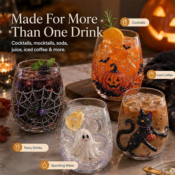 3D Halloween Artisan Glassware Collection, Premium Handleless Glass with Ghost, Pumpkin, Spider & Black Cat Gothic Style Artistic Glass Wine Goblet Designs, for Party & Cozy Fall Home Bar (C) - Image 3