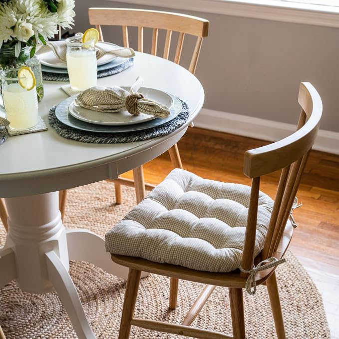 Barnett Home Decor Madrid Natural Dining Chair Pad with Ties - Medium Size 18 Chair Cushion - Latex Foam Fill - Machine Washable, Reversible, 100% Cotton, Made in USA (Neutral Gingham) - Image 2
